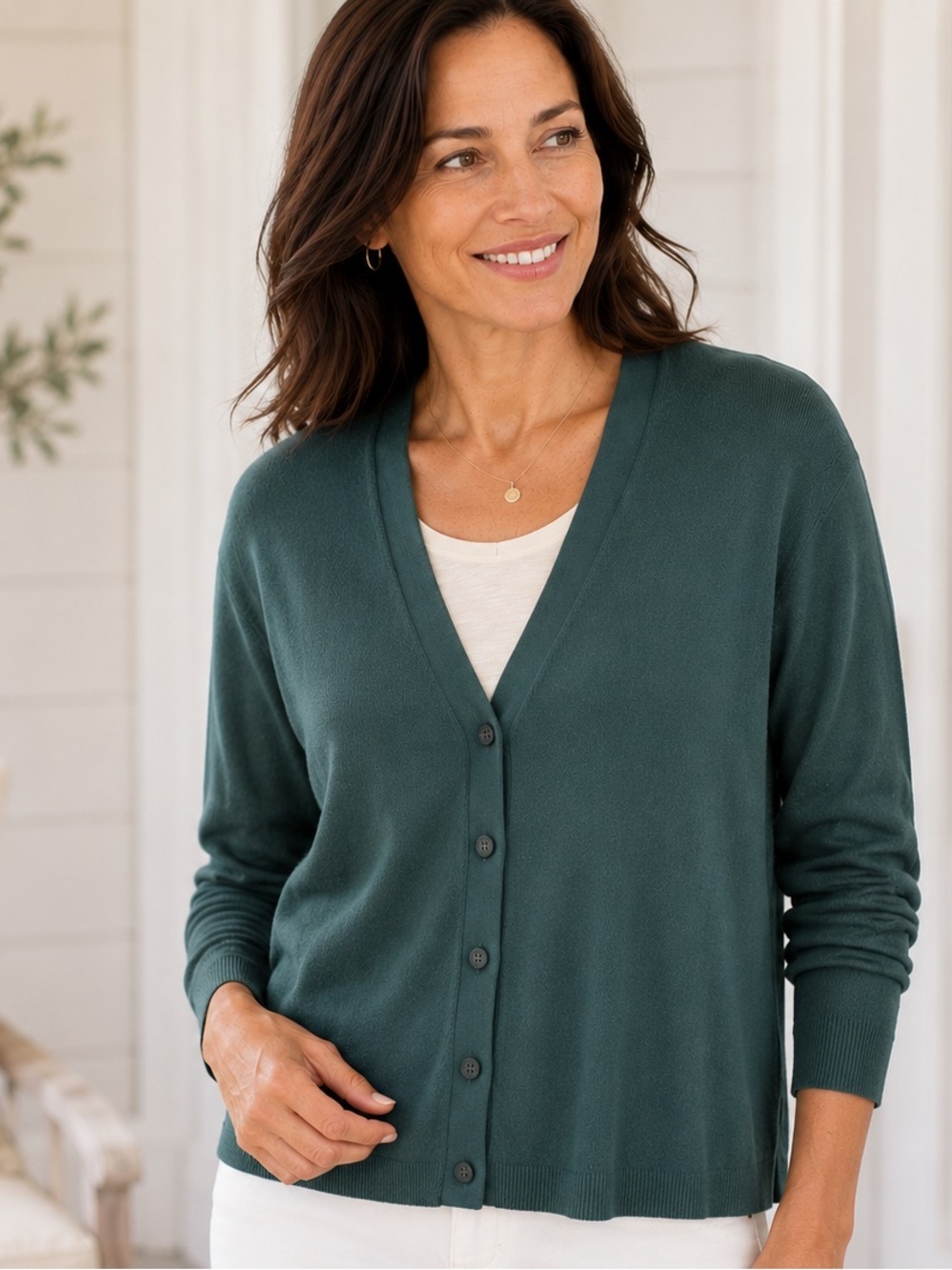 J.Jill Organic Cotton Button Front Cardigan Hunter Green Relaxed Size Large